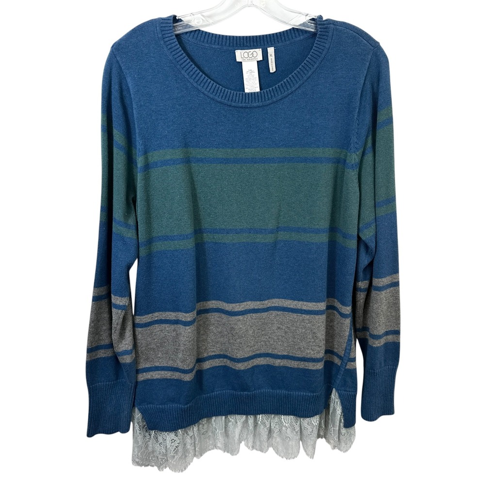 LOGO XL Sweater Blue Striped Cotton Cashmere Lace Trim Academia Preppy‎ 898